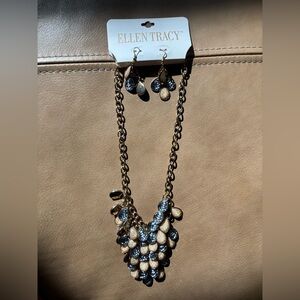 Ellen Tracy Gold Navy & Champagne Teardrop Necklace with Matching Earrings set